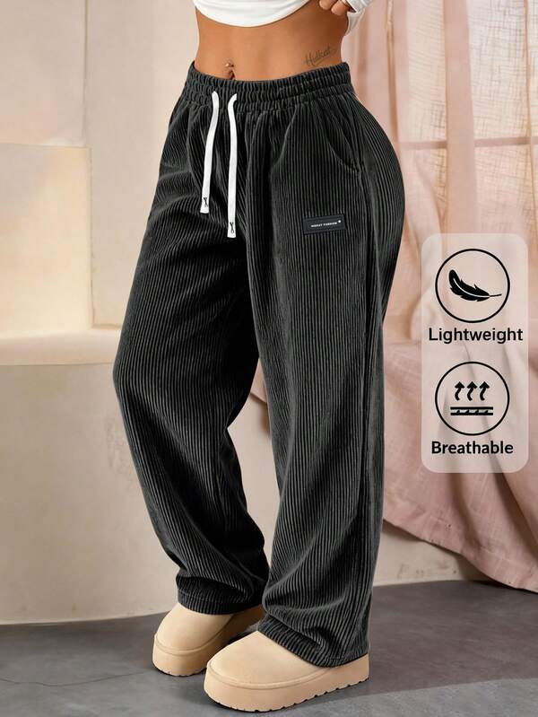 女士灯芯绒休闲裤，纯色，带抽绳口袋，透气舒适，适合日常活动、户外休闲和春夏度假。