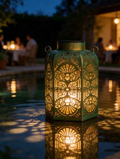 1pc Vintage Iron Hollow-Out Solar Lantern, Suitable For Courtyards, Balconies, Bedrooms, Living Rooms, Homestays And Other Places, Creating Ambient Light And Shadow Effects | Indoor And Outdoor Decorative Lights, Home Decoration, Courtyard Decoration, Ramadan Decoration, Waterproof Hanging Night Light