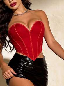 Sexy Elegant Bandeau Bra Top, Heart Neckline With Boning Waist Shaping Cropped Blouse, Suitable For Nightclub, Date, Music Festival Bodycon Shapewear - Red - View 5