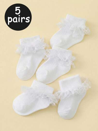 5 Pairs Baby Girls' White Elegant Lace Trim Socks, Loose Cuff, Comfortable & Breathable