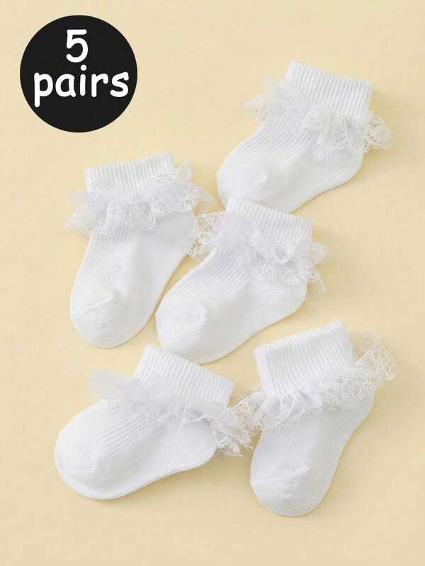 5 Pairs Baby Girls' White Elegant Lace Trim Socks, Loose Cuff, Comfortable & Breathable