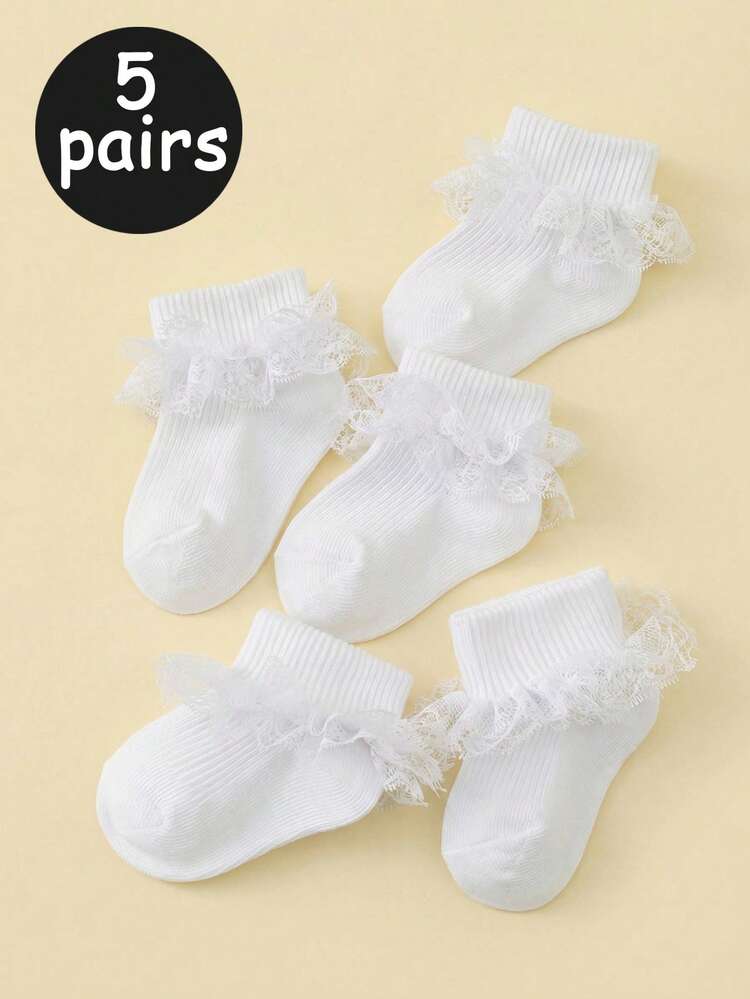 5 Pairs Baby Girls' White Elegant Lace Trim Socks, Loose Cuff, Comfortable & Breathable - White - View 1