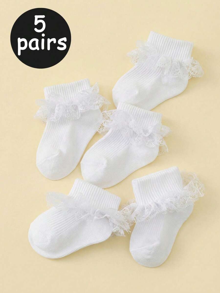 5 Pairs Baby Girls' White Elegant Lace Trim Socks, Loose Cuff, Comfortable & Breathable - White - View 1