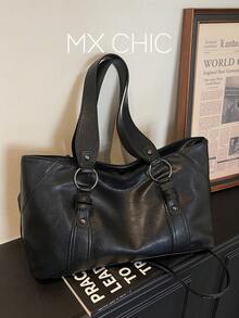 1 Peça Bolsa Tote de Couro PU Retrô de Cor Sólida Feminina, de Grande Capacidade, Estilo Minimalista Europeu e Americano da Moda, Adequada para Ir e Vir, Escritório, Compras, Presente - Preto - Visão 1