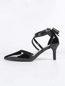 女士黑色高跟鞋，新款夏季尖头性感漆皮细跟高跟鞋 - 黑色 - 查看 6