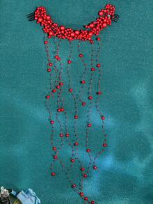 1件优雅新娘珍珠流苏发箍，婚礼发饰，女士派对头饰 - 紅色 - 查看 7