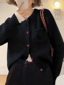 女士休闲简约韩版撞色纽扣圆领毛衣开衫，秋冬款 - 黑色 - 查看 4