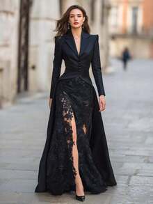 Women's Black Detachable Two-Piece Set - Fitted V-Neck Blazer With Button Detail & High-Slit Lace Maxi Skirt, Modern Elegant Evening & Dinner Date Outfit - màu đen - Xem 2