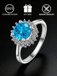Anel feminino geométrico em prata de lei S925, com zircônia cúbica azul redonda cravejada em pavé, tamanho ajustável, ideal para uso diário ou para presentear, perfeito para noivado. Acompanha caixa para presente. - Prata - Ver 5
