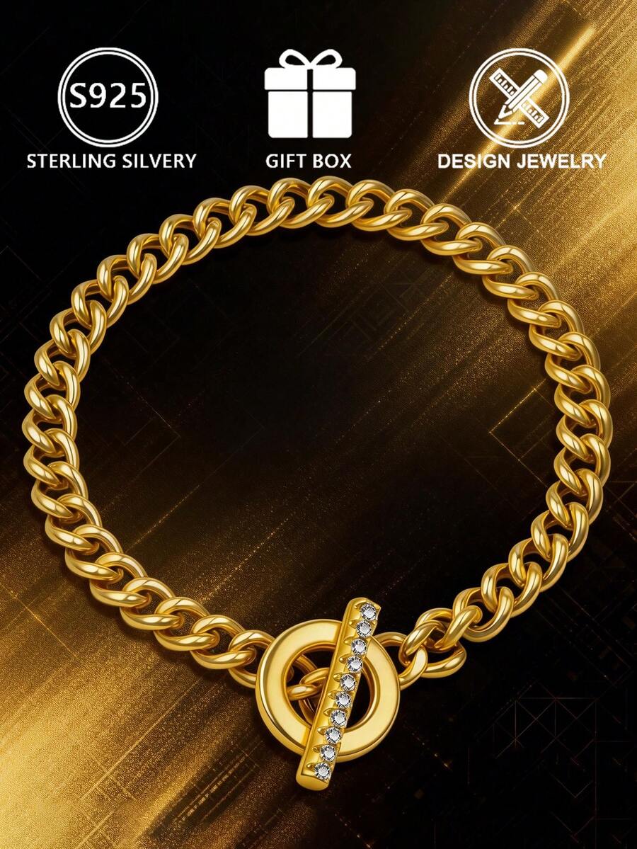 1 chiếc vòng tay bạc S925 bản dày, đính đá Cubic Zirconia, thiết kế khóa OT, thích hợp đeo hàng ngày / Món quà tuyệt vời, đựng trong hộp quà. - Vàng - Xem 1