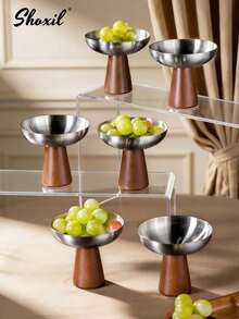 shoxil 1/2/4pcs Wooden Bottom Stainless Steel Tray, Fruit Tray, Dessert Cup, Dish, Plate, Ice Cream Bowl, Yogurt Cup, For Home, Party, Entertaining Guests, Ramadan, Eid Al Adha - Plate - View 1