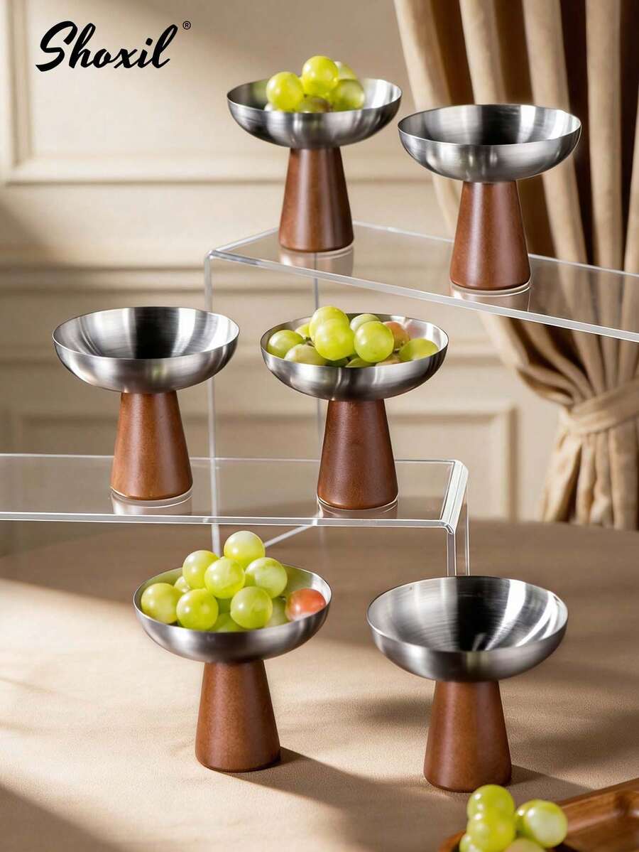 shoxil 1/2/4pcs Wooden Bottom Stainless Steel Tray, Fruit Tray, Dessert Cup, Dish, Plate, Ice Cream Bowl, Yogurt Cup, For Home, Party, Entertaining Guests, Ramadan, Eid Al Adha - Plate - View 1