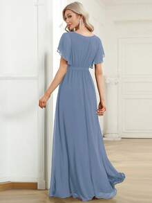 V-Neck Retro Elegant Bridesmaid Dress Gown - Dusty Blue - View 2