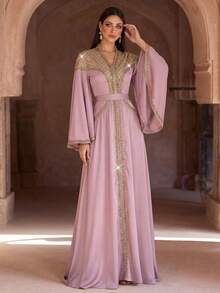 Elegante bata larga formal bordada en verde lima con corsé de cuentas y mangas acampanadas, vestido largo árabe, adecuado para mujeres, bata de fiesta, vestido de noche musulmán, bata formal, estilo modesto - Rosa vieja - Ver 1