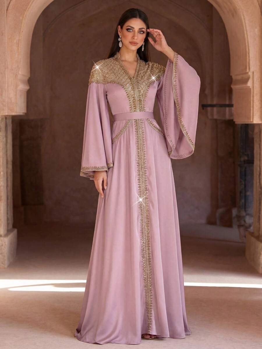 Elegante bata larga formal bordada en verde lima con corsé de cuentas y mangas acampanadas, vestido largo árabe, adecuado para mujeres, bata de fiesta, vestido de noche musulmán, bata formal, estilo modesto - Rosa vieja - Ver 1