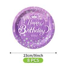 紫色水晶皇冠生日快乐一次性餐盘、餐巾纸、杯子套装，包含餐盘、餐巾纸和杯子，适合8位客人使用，一次性纸盘，派对餐具，适用于生日、婚礼、主题派对、家庭野餐等场合。 - 彩色 - 查看 8