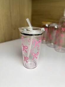 1个，可爱粉色蝴蝶结可重复使用塑料茶杯，带盖和吸管，男女通用水杯，适用于办公室、学校、生日和派对 - 彩色 - 查看 6