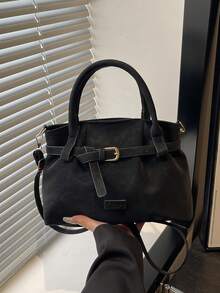 复古麂皮休闲单肩包，大容量手提包，简约时尚水桶包，适合通勤、购物、约会、旅行、办公、商务、生日礼物等场合，拉链封口，可调节肩带，肩带装饰 - 黑色 - 查看 2