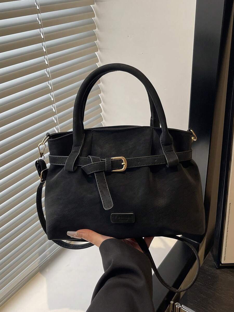 复古麂皮休闲单肩包，大容量手提包，简约时尚水桶包，适合通勤、购物、约会、旅行、办公、商务、生日礼物等场合，拉链封口，可调节肩带，肩带装饰