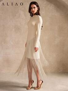 Aliao优雅流苏高领长袖吊带裙，适合秋季、假日、节日、海滩、派对、秋冬季、白色主题派对、复古风、宫廷风、宴会、情人节、毕业舞会等场合。 - 香檳色 - 查看 2