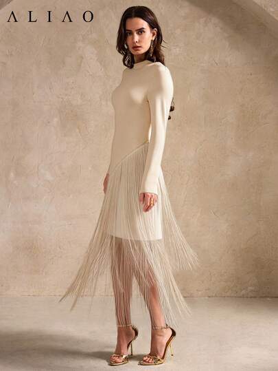 Aliao优雅流苏高领长袖吊带裙，适合秋季、假日、节日、海滩、派对、秋冬季、白色主题派对、复古风、宫廷风、宴会、情人节、毕业舞会等场合。