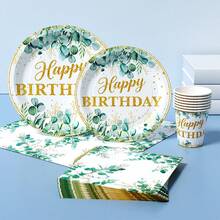 Eucalyptus Leaf Gold "Happy Birthday" Disposable Plate, Napkin, Cup Set, Plates, Napkins And Cups Party Supplies, Serves 8 Guests, Disposable Paper Plates Party Tableware Suitable For Birthday, Wedding, Theme Party, Family Picnic - Multicolor - View 3