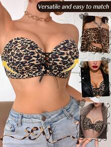 Peach Girl Leopard Print Strapless Push Up Bra For Petite Bust - Front Lace-Up & Sexy Style - Maroon - View 4