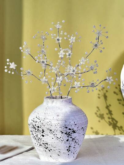 1 Pc White Faux Pearl Flower Branch Simulation Flower Elegant Artificial Plant No Maintenance Vase Filling Suitable For Valentine's Day Gift Bouquet Wedding Banquet Party Living Room Desktop Decoration Ornament