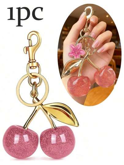 1pc Unique Shiny Cherry Shaped Pendant, New Cherry Crystal Pendant, Keychain Pendant, Cherry Decor Keychain With Clasp, Shiny Resin Product, Suitable As Bag Accessory, Suitable For Women Handbag