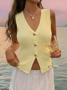 2026新款欧美时尚简约金色纽扣装饰无袖针织背心 - 淡黃色 - 查看 3