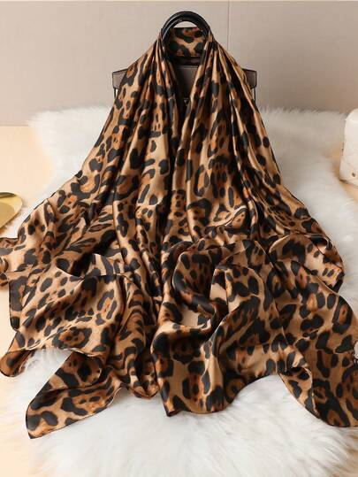 1条90*180厘米豹纹、花卉和几何印花女士波西米亚风格经典纯色围巾，时尚光滑缎面头巾，防风防晒沙滩围巾