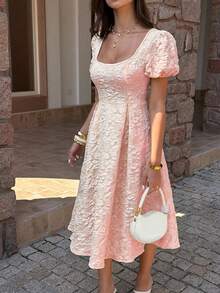 女士春夏优雅方领花瓣袖印花纹理腰部喇叭下摆中长连衣裙，适合度假、婚礼、派对等场合，粉色 - 粉色 - 查看 7