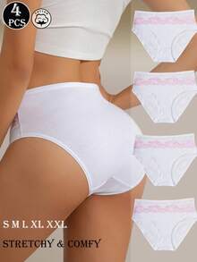 4 Peças Calcinhas Elegantes de Cintura Alta Brancas e Rosas com Estampa Floral, Roupa Íntima Diária Macia, Respirável, Elástica e Confortável com Renda Contrastante - Branco - Visão 3