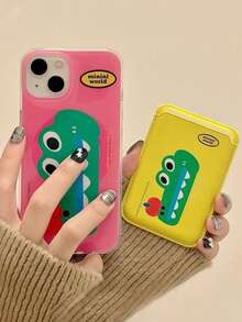 1pc Niche Design Cartoon Crocodile & Apple Magnetic Adsorption Full Coverage Phone Case + Magnetic PU Leather Card Holder TPU Shockproof Protective Cover For IPhone11/12/13/14/15/16/17/PROMAX, Pink - Pink - View 1