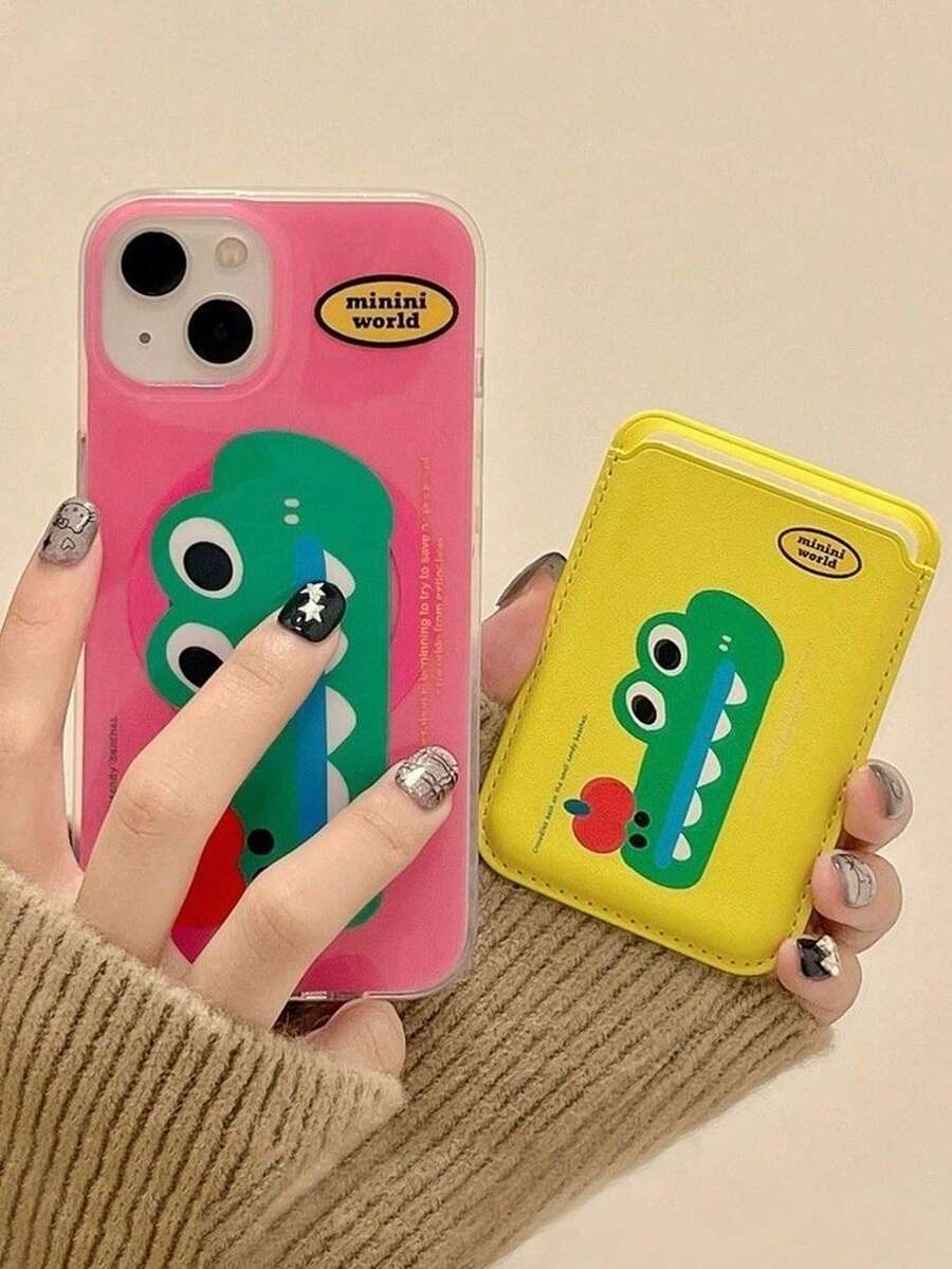 1pc Niche Design Cartoon Crocodile & Apple Magnetic Adsorption Full Coverage Phone Case + Magnetic PU Leather Card Holder TPU Shockproof Protective Cover For IPhone11/12/13/14/15/16/17/PROMAX, Pink - Pink - View 1
