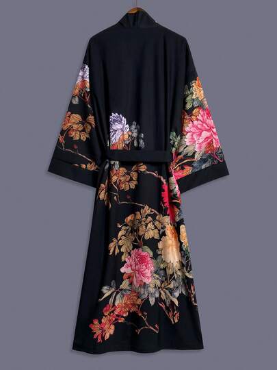 Floral Print Mid-Length 3/4 Sleeve Kimono Cover Up Thin Jacket, Elegant Casual Loose Outerwear For Women, Suitable For Street, Beach, Travel, Vacation, Lightweight Robe, Sash Included
