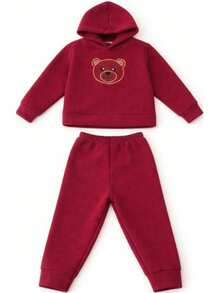 Baby Loop Set - Long-Sleeved Embroidered Fleece-Lined Blouse And Pants With Hood, Sizes P To 3 Years, Girls/Boys - 酒紅色 - 查看 2