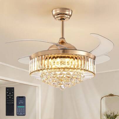 Gold Chandelier Ceiling Fan With Lights And Remote Control, Modern Dimmable LED Fandelier,  Retractable Invisible Chandelier Ceiling Fan For Bedroom Living Room