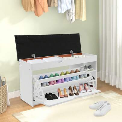 Shoe Storage Bench With 3-Tier Flip Drawer & Padded Cushion, Shoe Rack Bench With Flip-Open Storage Box, Shoe Storage Organizer For Entryway, Hallway, Living Room, White