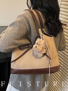 1pc Fashion Color Block PU Leather Handbag, Stylish Shoulder Tote Bag, Suitable For Daily Outing, Dating, Commuting, Comes With Pendant - Khaki - View 7