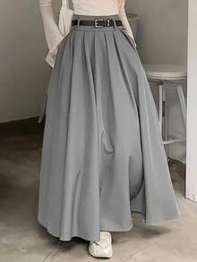 Autumn/Winter High Waist Draped Pleated Long Skirt, Elegant Commute A-Line Maxi Skirt For Halloween And Christmas - Grey - View 2