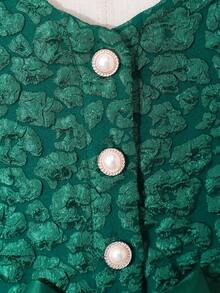 女童绿色云朵提花网纱罩衫连衣裙，适合假日派对 - 綠色 - 查看 7