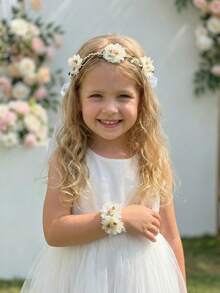 2件套米色网纱玫瑰花冠+花朵手链套装，适合女孩和女士，可用于婚礼、新娘、派对、拍照道具、周年纪念、情人节礼物、亲子装。 - 米色 - 查看 4