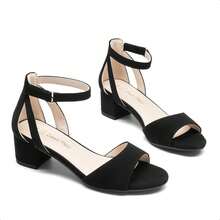 Girls Glitter Chunky High Heel Sandals Fashion Open Toe Party Dress Shoes With Adjustable Hook Loop For Dancing, Performance And Daily Wear - Black - View 1