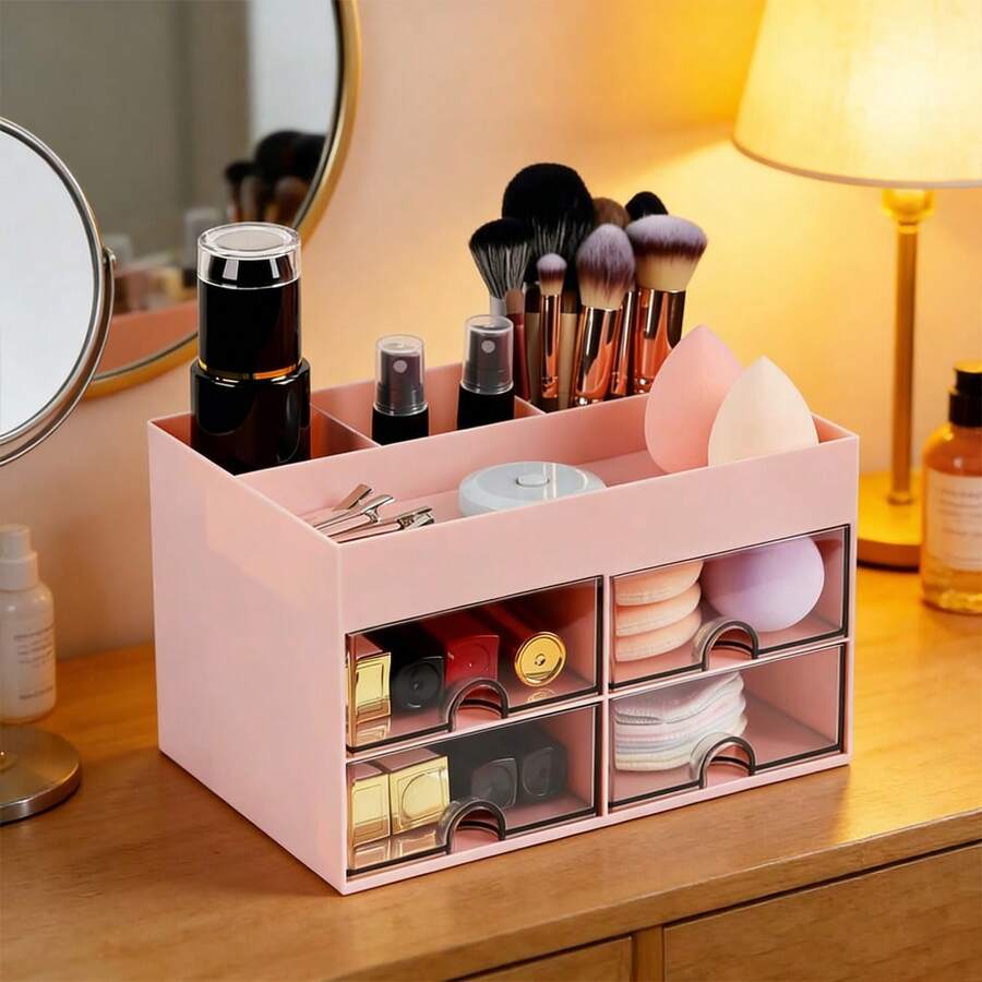 1个带抽屉的化妆品收纳盒，大容量化妆品整理盒，化妆刷收纳架，适合存放口红、珠宝、美甲用品、护肤品，可用于浴室梳妆台、桌面装饰、文具、返校用品、节日礼物等。 - 彩色 - 查看 1