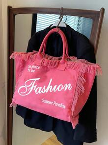 New Arrival Tote Bag, European And American Style, Large Capacity, Shoulder Bag, Handmade Tassel & Printed Design, Suitable For Beach And Commuting - Pink - View 4