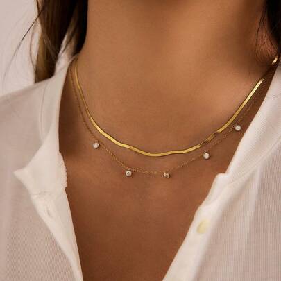 S SHOPBOHO 1件装优质不锈钢双层人字纹链条镶嵌锆石钻石项链，送给她的礼物，叠戴项链，简约首饰