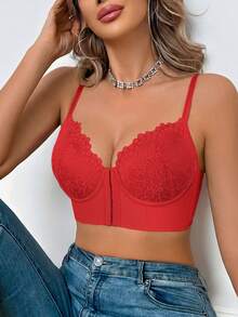 Women's Red Lace Front-Closure Underwire Push Up Bra - Side Coverage & Anti-Sag - Red - View 9
