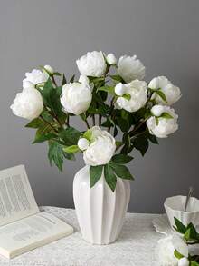 1/5支装 19英寸仿真牡丹花束，逼真牡丹，仿真花，适合家居装饰、情人节礼物、母亲节礼物、婚礼中心装饰、派对装饰、婚礼捧花、办公室装饰、卧室和客厅布置 - 白色 - 查看 2