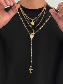 4pcs/Set Fashionable Versatile Men's Cross & Ball Chain Necklace Set, Suitable For Casual And Work Outfits - Gold - View 4
